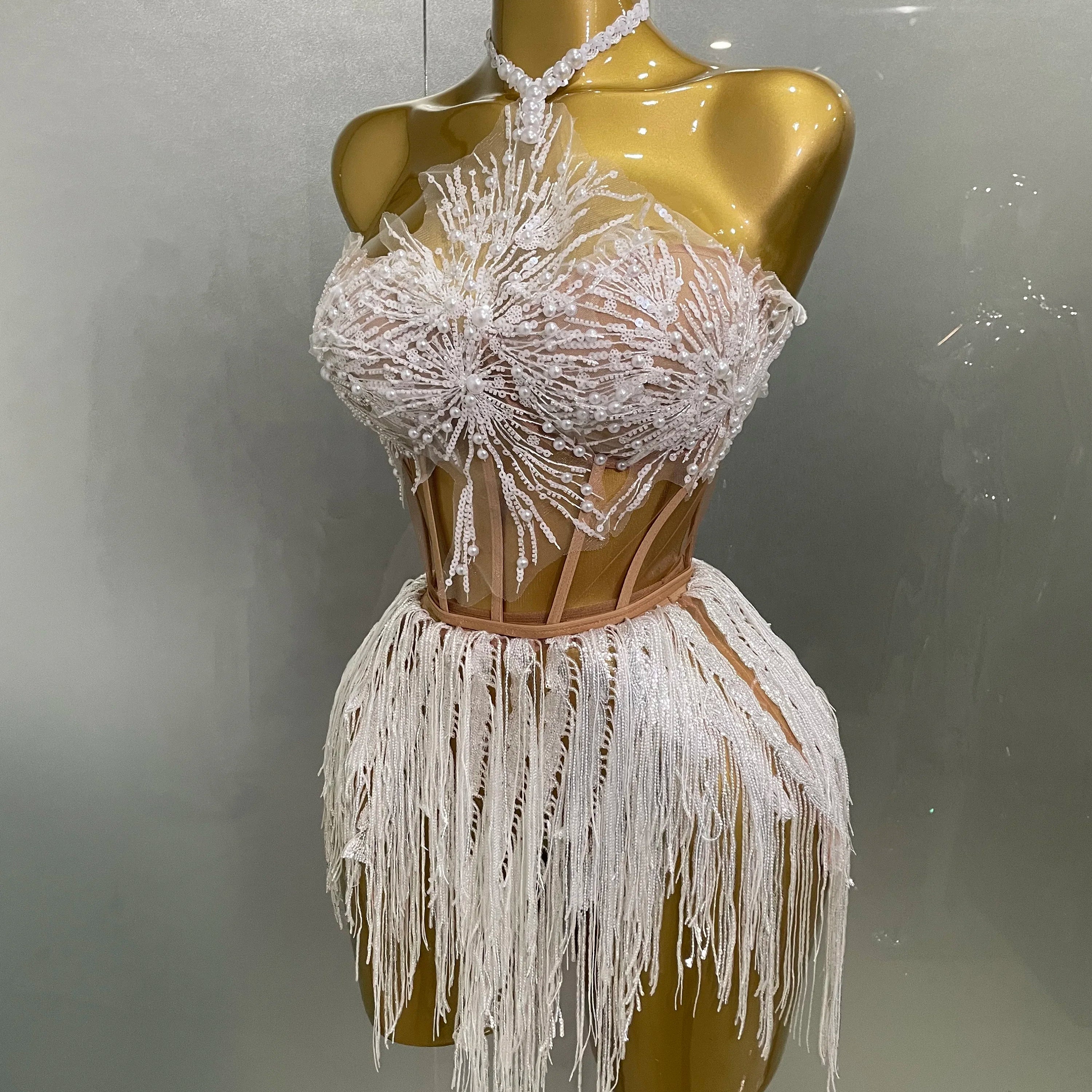 2025 Sexy Pearl Sequins Tassel Sleeveless Glitter Mini Dress Women Singer Bar Nightclub Stage Performance Clothing Show Outfit