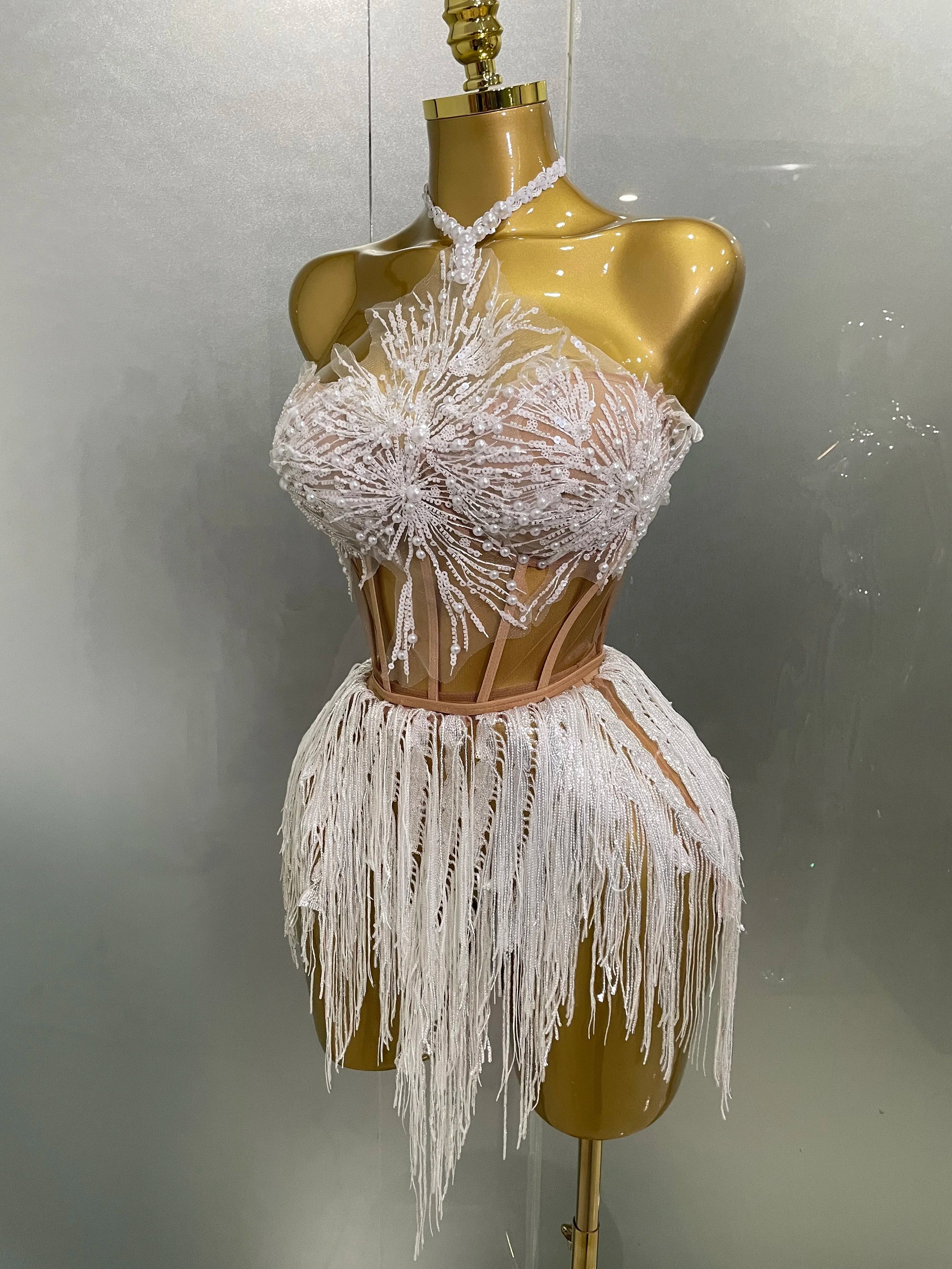 2025 Sexy Pearl Sequins Tassel Sleeveless Glitter Mini Dress Women Singer Bar Nightclub Stage Performance Clothing Show Outfit