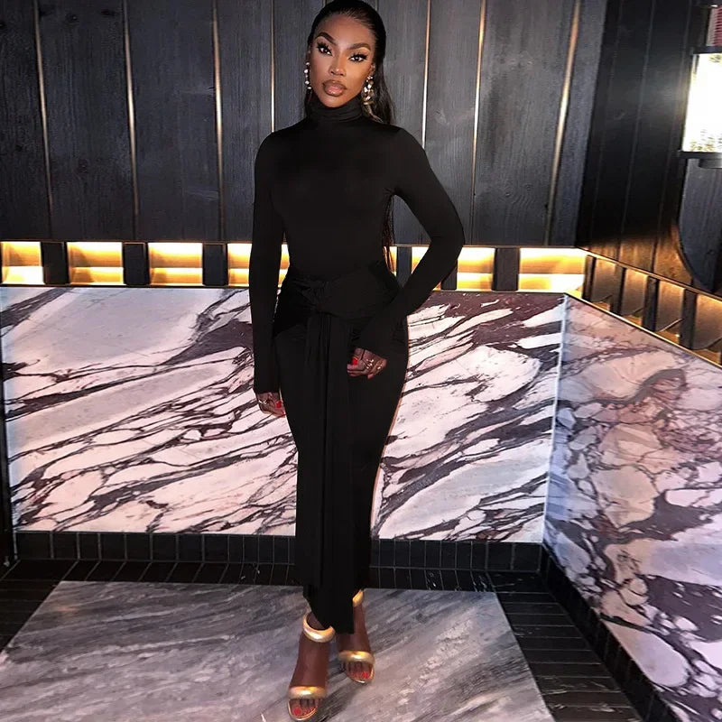Women Full Sleeve Turtleneck Ribbon Ruched Long Maxi Dress 2025 Spring Sexy Street Slim Evening Night Club Party Dresses