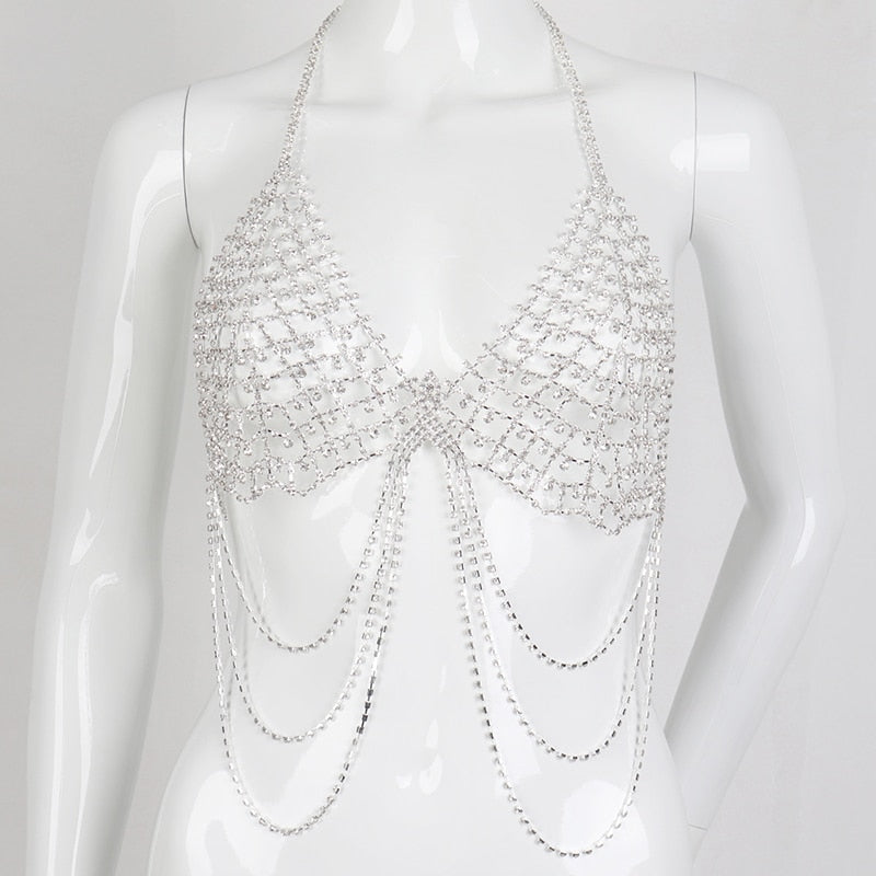 y2k Glitter Rhinestone Sexy Bikini Bodychain Jewelry 2024 Festival Rave - Harness Luxury Bra Body Chain Top Accessories