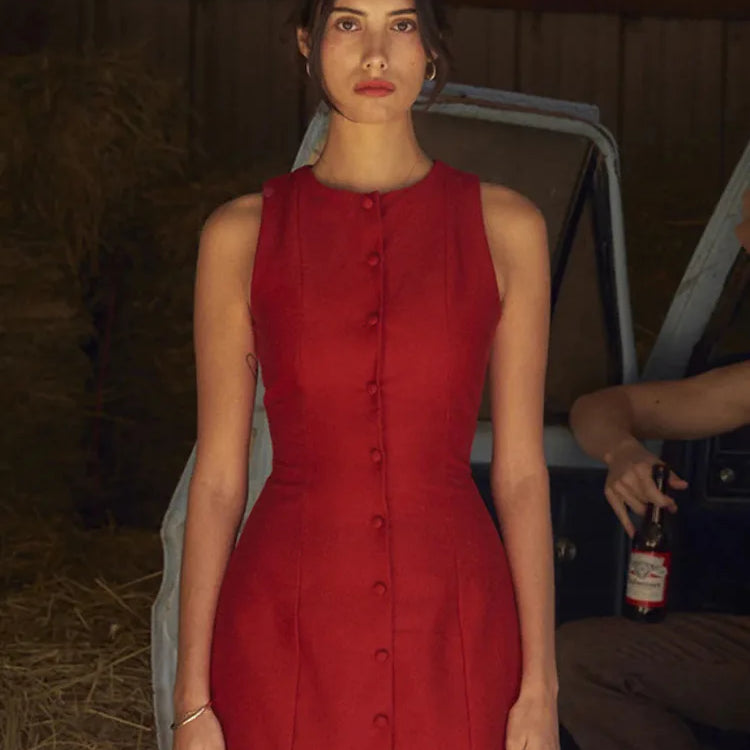 Fashion Sleeveless Sexy Mini Dress For Women New O Neck Single-btrasted Bodycon Club Party Tank Dress Femme Clothes