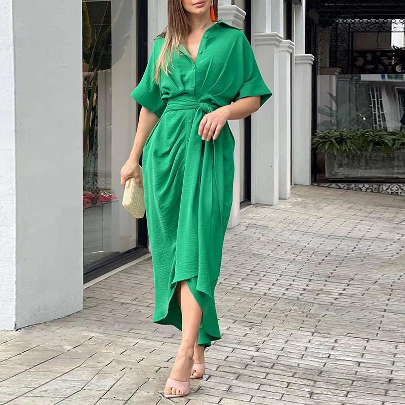 Women Sexy Bandage Shirt Dress Vintage Printed V Neck Ruched Long Dress Female Elegant Button Short Sleeve Beach Maxi Dress Robe EA05132-Green