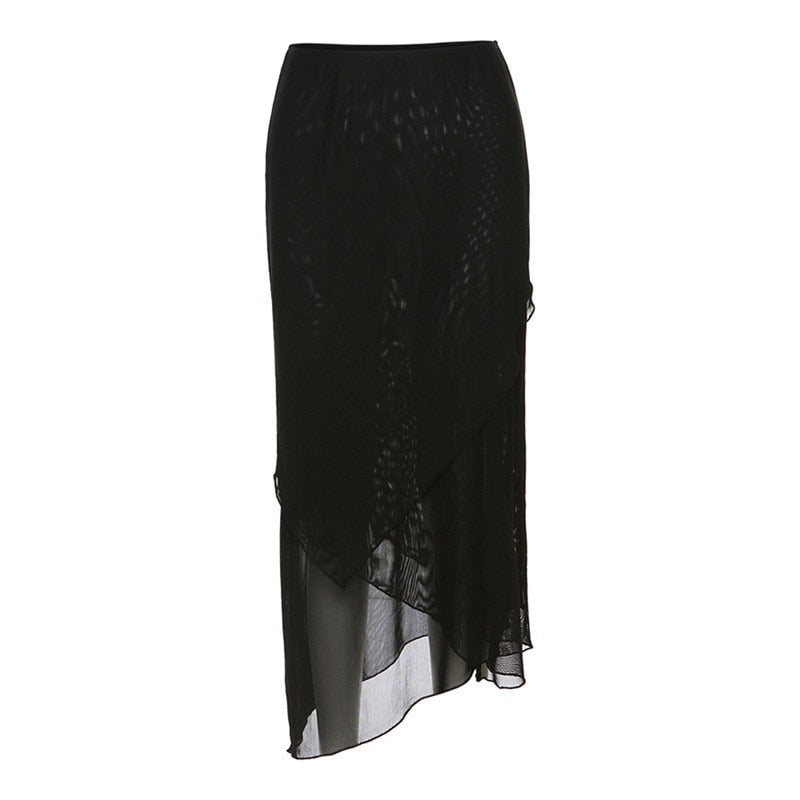 Tawnie Y2K Mesh Skirt 2 Pieces Sets Women 2024 Summer Casual V Neck Long Sleeve Crop Top Bodycon Maxi Skirt Matching Sets Outfit Skirt