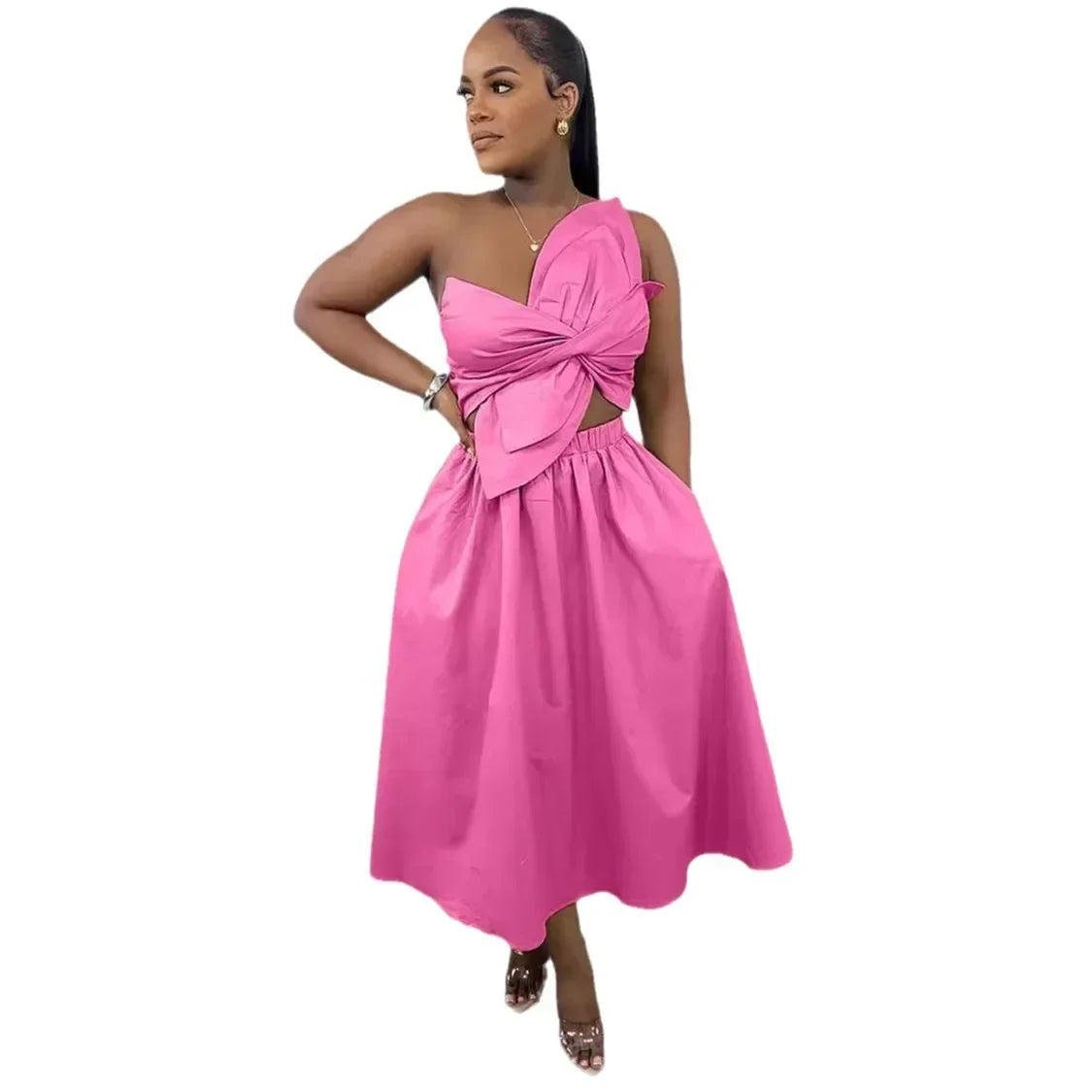 Women Big Petal Front Strapless Midi Long Dress 2024 Summer Street Vestidos Sexy Party Evening Chic Big Swing Dresses Pink