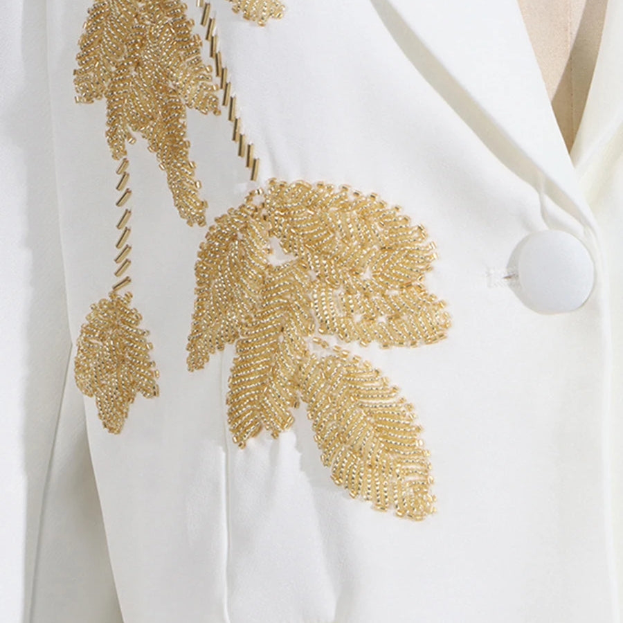 Solid Slimming Two Piece Sets for Women Lapel Long Sleeve Patchwork Bead Top High Waist Pant Temperament Set Female