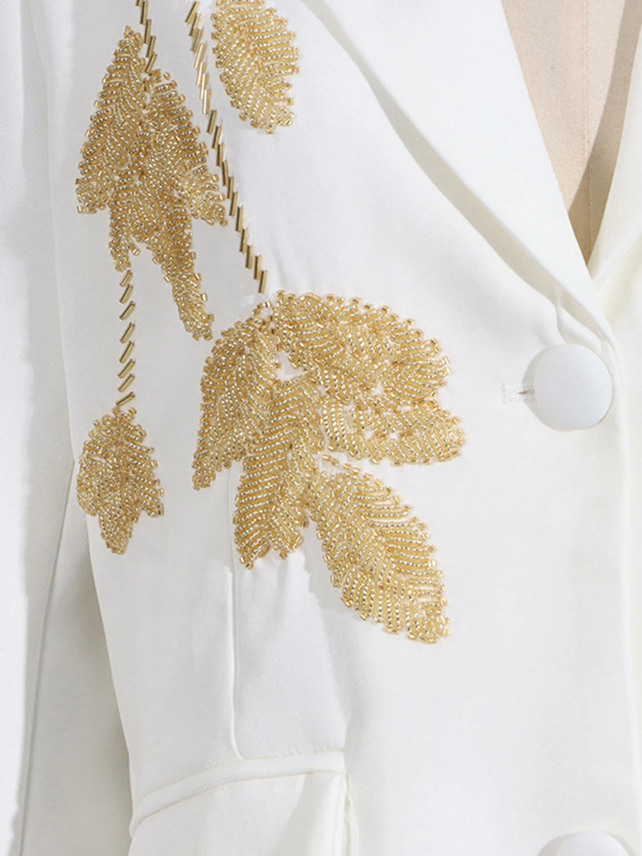 Solid Slimming Two Piece Sets for Women Lapel Long Sleeve Patchwork Bead Top High Waist Pant Temperament Set Female