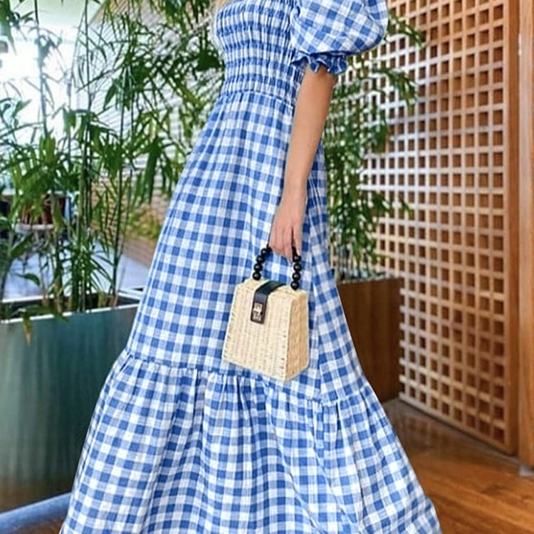 VONDA Summer Long Maxi Dress Women 2024 Casual Short Sleeve Square Collar Vintage Plaid Party Bohemian Vestidos Loose Sundress