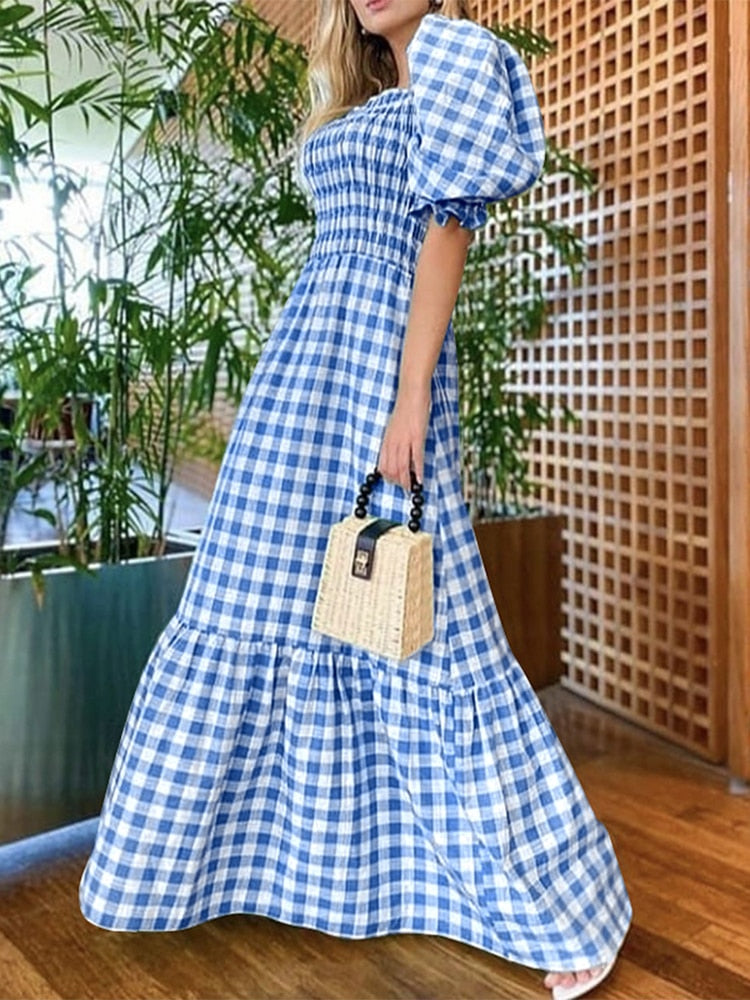 VONDA Summer Long Maxi Dress Women 2024 Casual Short Sleeve Square Collar Vintage Plaid Party Bohemian Vestidos Loose Sundress