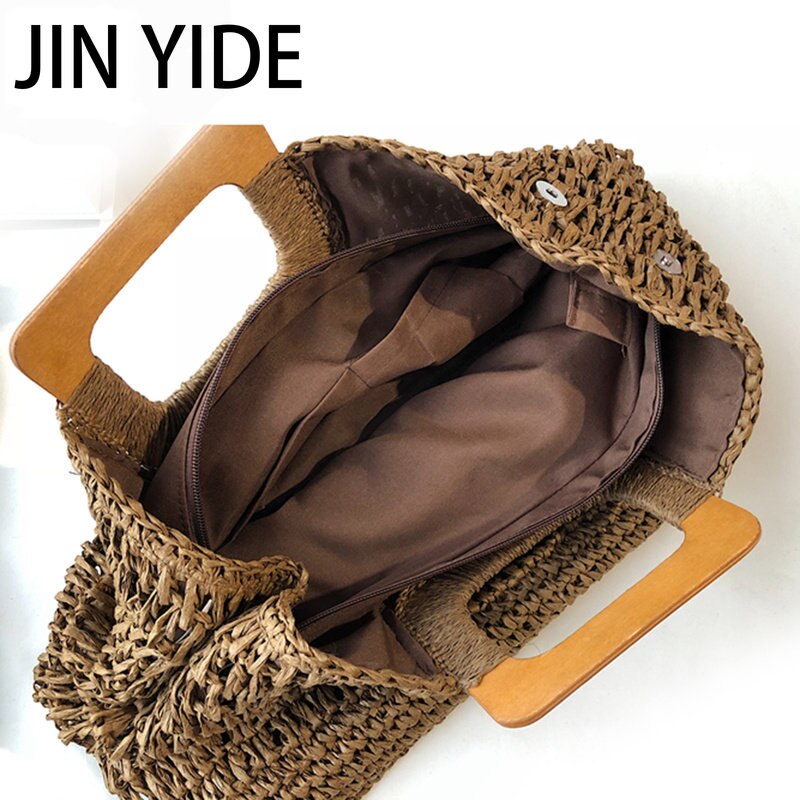 Summer Straw Handbag Wooden Handle Large Capacity Paper Rope Woven Straw Bag 2024 New Fashion Summer Vacation Travel Beach Bag