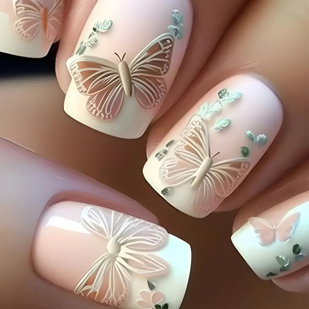 Fake Nails Full Cover Leaf Butterfly Design Art with Glue Wearing French Ballet False Nails Detachable Mid-length Manicure 24Pcs 6