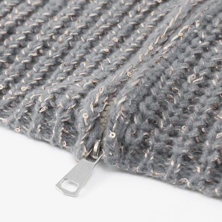 Sequin Knitted Women's Sweater Autumn Bishop Sleeve Zippers Loose Casual Sweaters Female 2024 Lady Stand Collar Outerwear