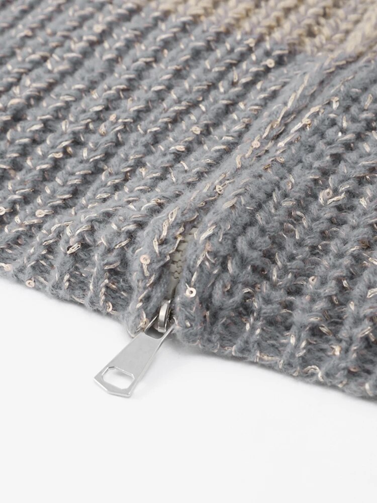 Sequin Knitted Women's Sweater Autumn Bishop Sleeve Zippers Loose Casual Sweaters Female 2024 Lady Stand Collar Outerwear