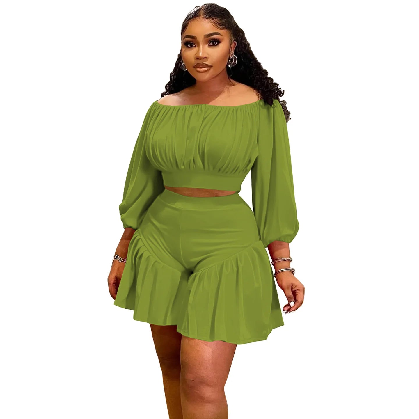 Plus Size Women's Set Long Sleeve Slash Neck T-Shirt and Shorts 2025 Summer Ruched Two 2 Piece Set Outfits Tracksuit green