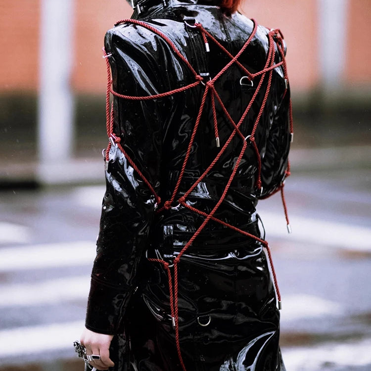 Lautaro Spring Long Cool Shiny Reflective Hard Patent Pu Leather Coat for Women Belt Luxury Designer Punk style Lace Up Clothes