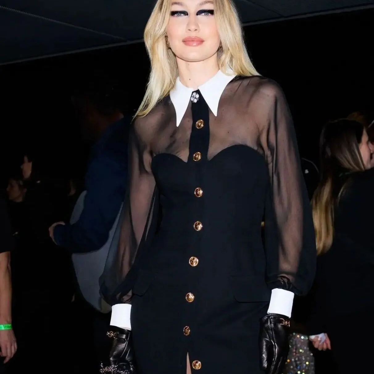 2024 New Spring Women Long Sleeve Mesh Button Bodycon Long Bandage Dress Fashion Runway Celebrate Evening Party Dress black