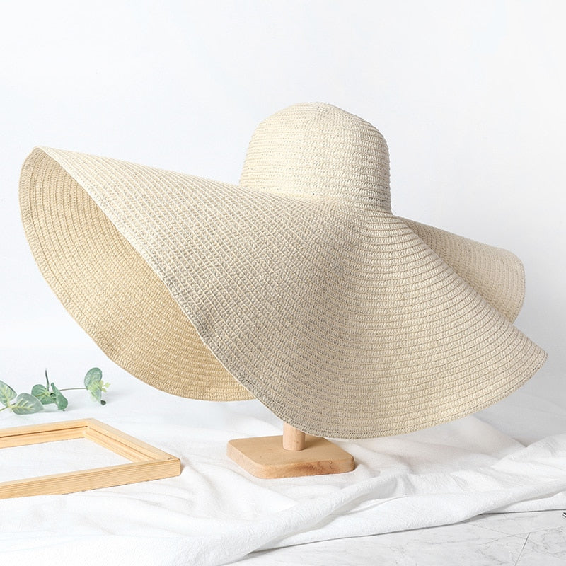 Summer 70cm Large Wide Brim Sun Hats For Women Oversized Beach Hat Foldable Travel Straw Hat Lady UV Protection Sun Shade Hat beige 54-57cm