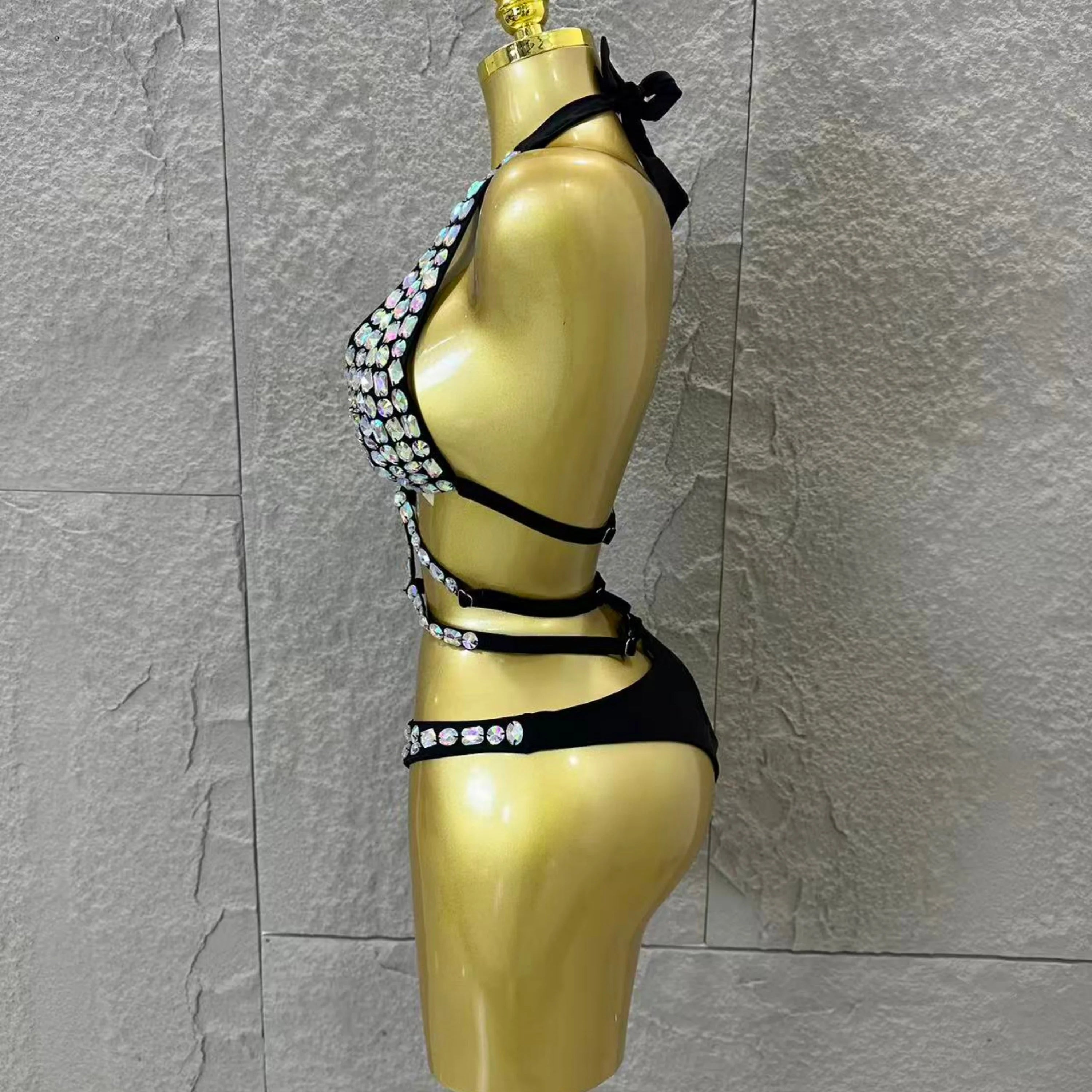 Women Sexy 2026 Luxurious Black Bodysuit Halter Neck Iridescent Crystal Embellished Cutout Outfit Stage Performance Costume