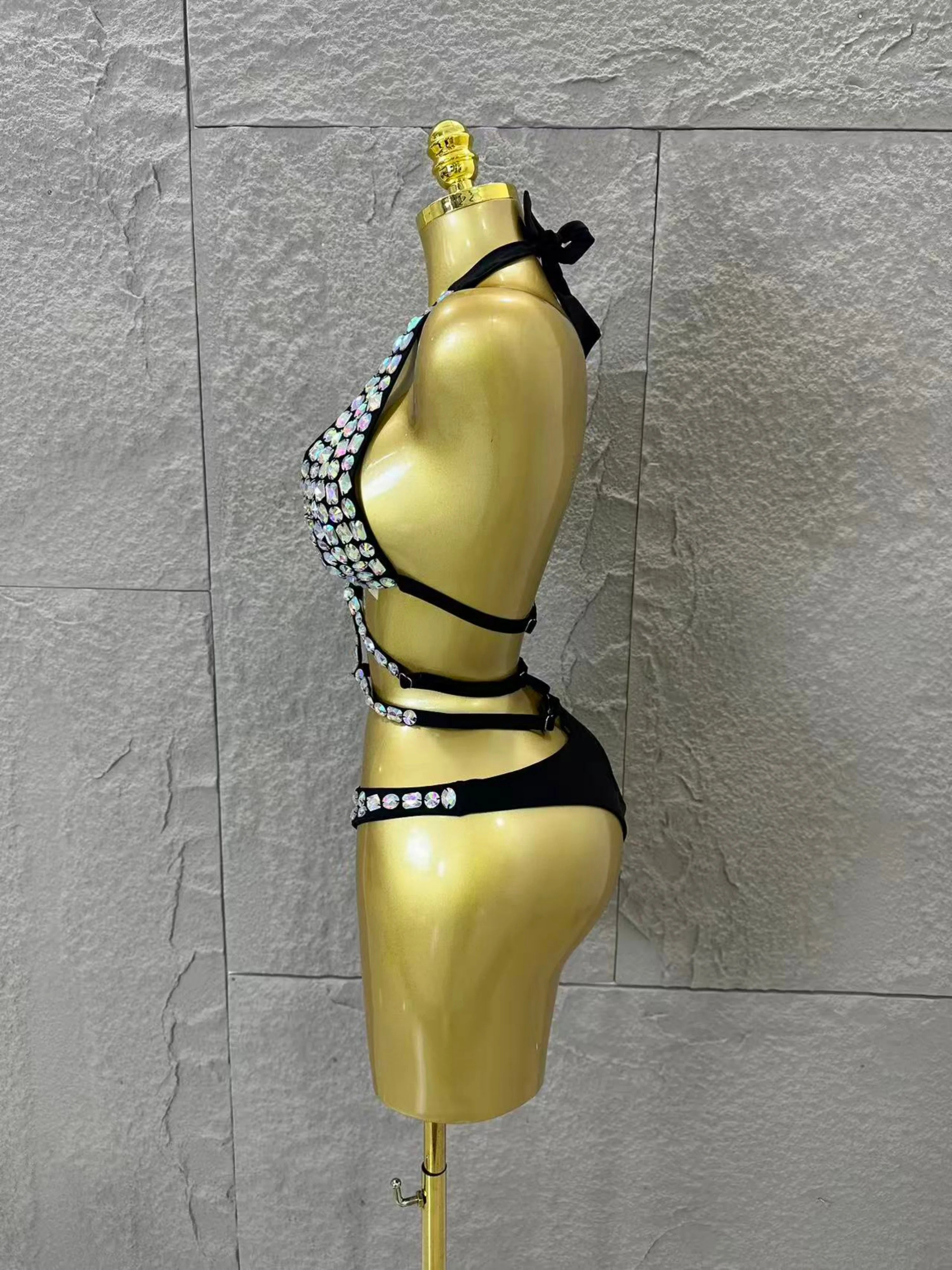 Women Sexy 2026 Luxurious Black Bodysuit Halter Neck Iridescent Crystal Embellished Cutout Outfit Stage Performance Costume