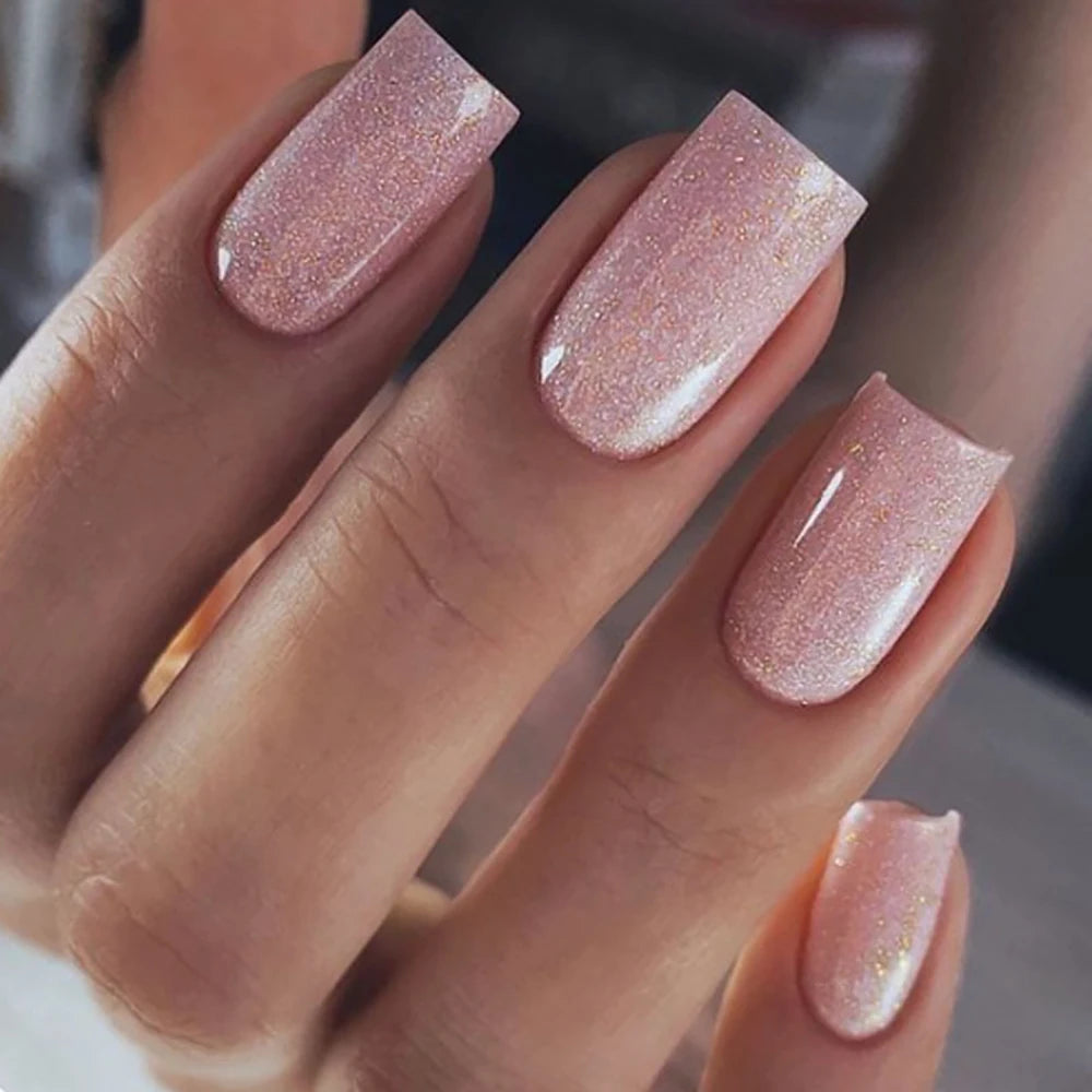 24pcs/set short fake nails for women girls sparkling glitter black red purple square tips faux ongles press on false nail art 03 pink