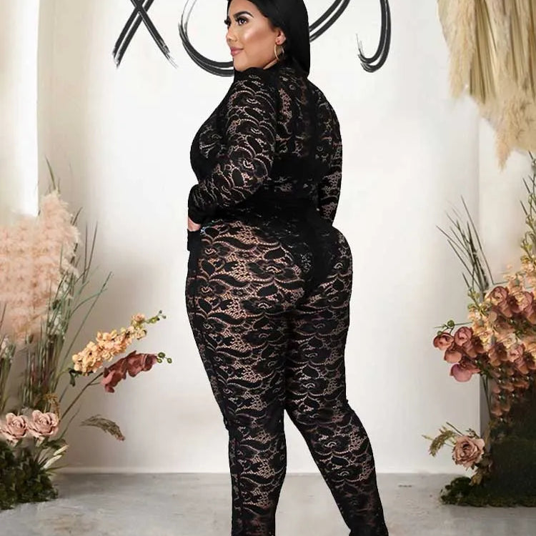 Chic and Elegant Woman Set Night Club Wear Plus Size Women Hot Outfit Transparent Lace Bodysuit and Pants Sexy Festival Outfit