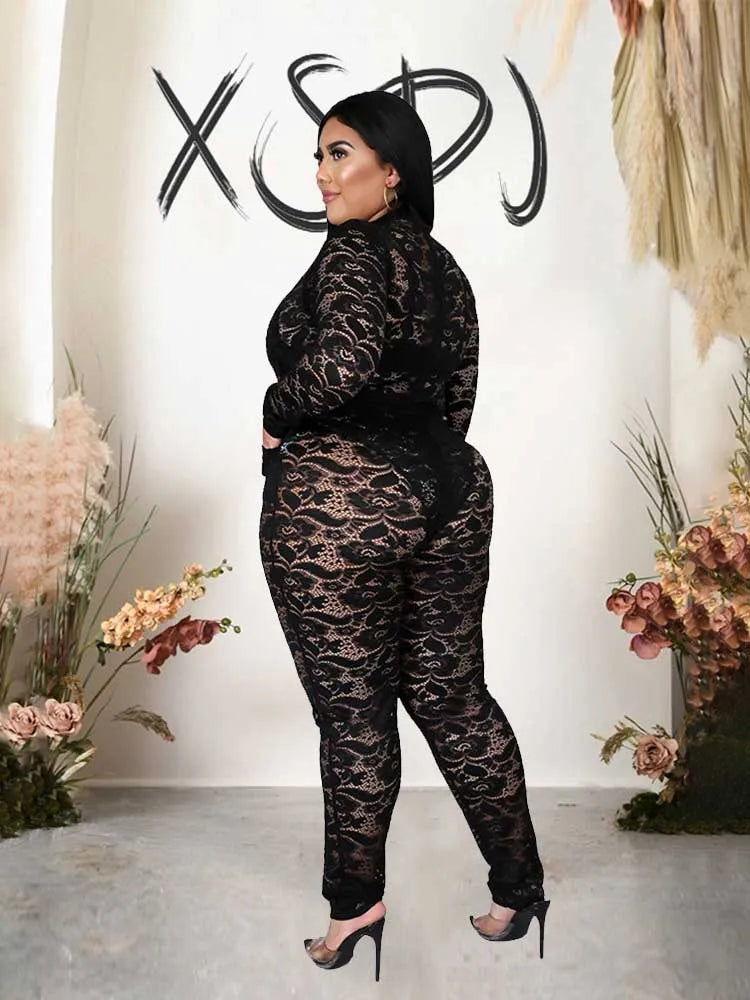 Chic and Elegant Woman Set Night Club Wear Plus Size Women Hot Outfit Transparent Lace Bodysuit and Pants Sexy Festival Outfit