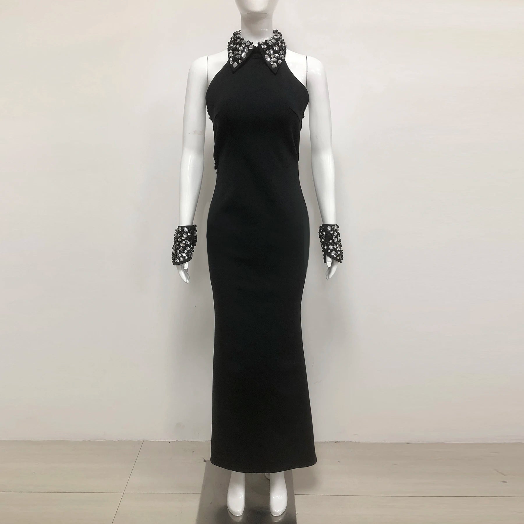 Luxury Diamond Neck Sexy Halter Sleeveless Steath Ankle Lenght Bandage Dress Graceful Woman Party Dress Birthday Party Vestido