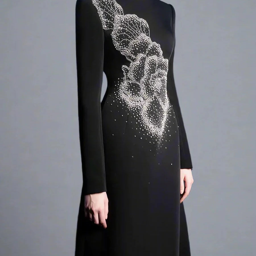 Solid Spliced Stick Drill Elegant Dresses for Women Round Neck Long Sleeves Temperamnet Dress Female Fashion New