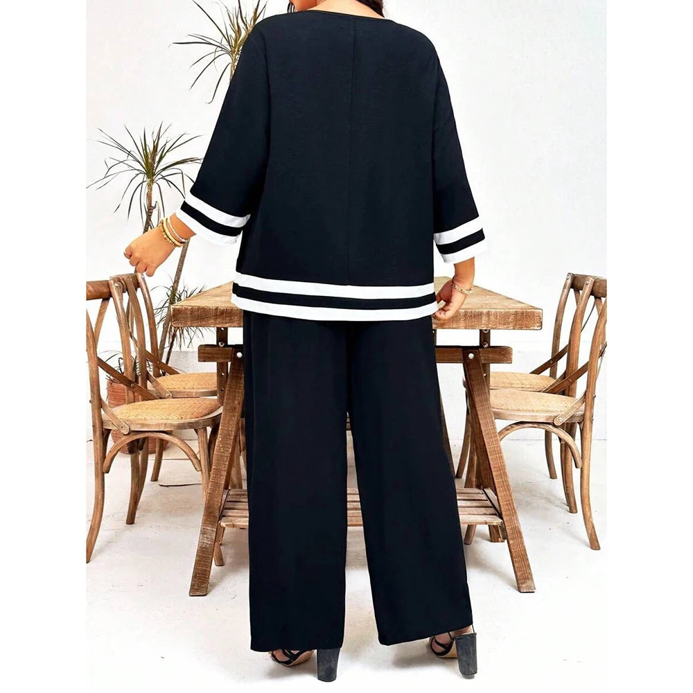 Stripe Patchwork Plus Size Elegant Women Two-Piece Set Crew Neck Loose 3/4 Sleeves T-Shirts Summer Autumn Straight Trousers Sets