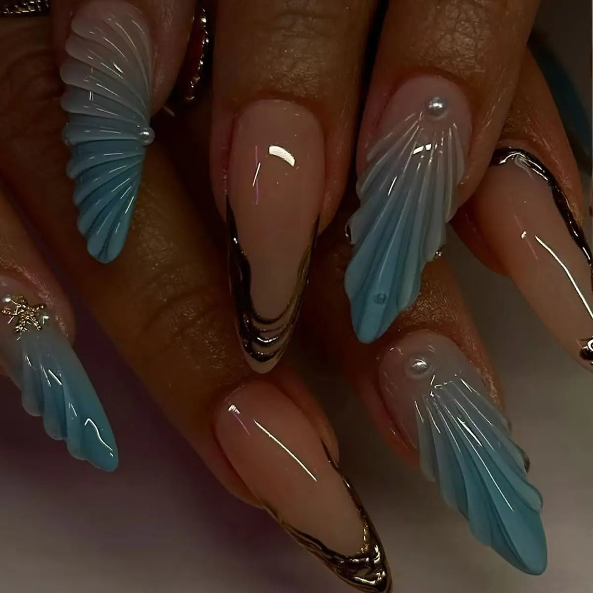 24Pcs Long Stiletto Fake Nails Press on 3D Shell Irregular Metal Design Full Cover Nails Tips Pink Smudge Detachable False Nails L67