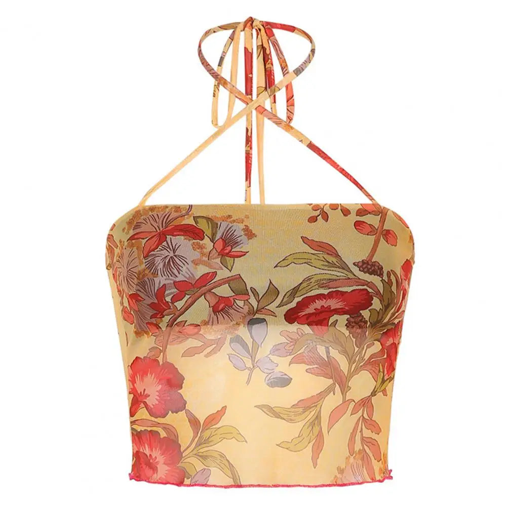 Sexy Corset Top Floral y2k Crop Top Mesh See Through Women Tank Halter Neck Frill Cross Halter Lace Up Summer Party Crop Top Yellow