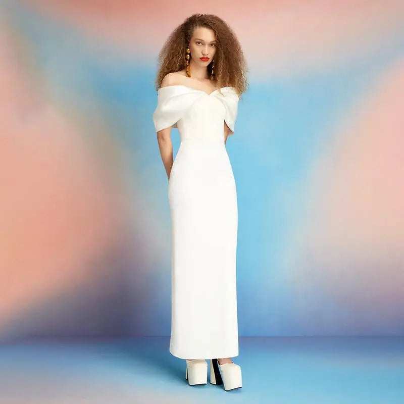 Elegant Purple Satin Patchwork Off Shoulder Midi Dresses New Lady Sleeveless Backless Slim Fit Long Vestido Evening Party Gowns White