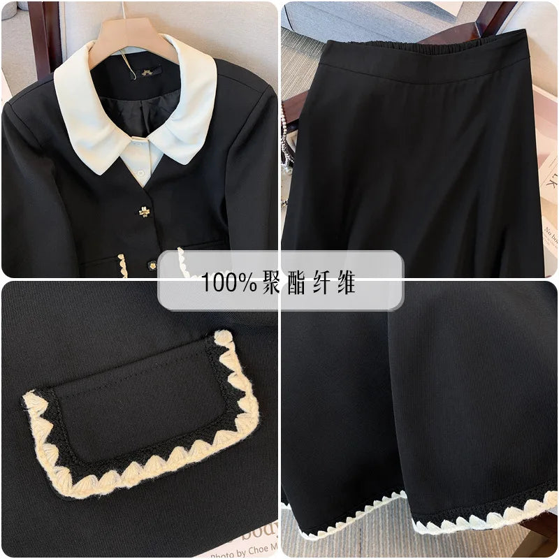 150Kg Plus Size Women's Bust 150 Autumn New Small Fragrant Top Coat And Skirt Two Piece Set Black 5XL 6XL 7XL 8XL 9XL