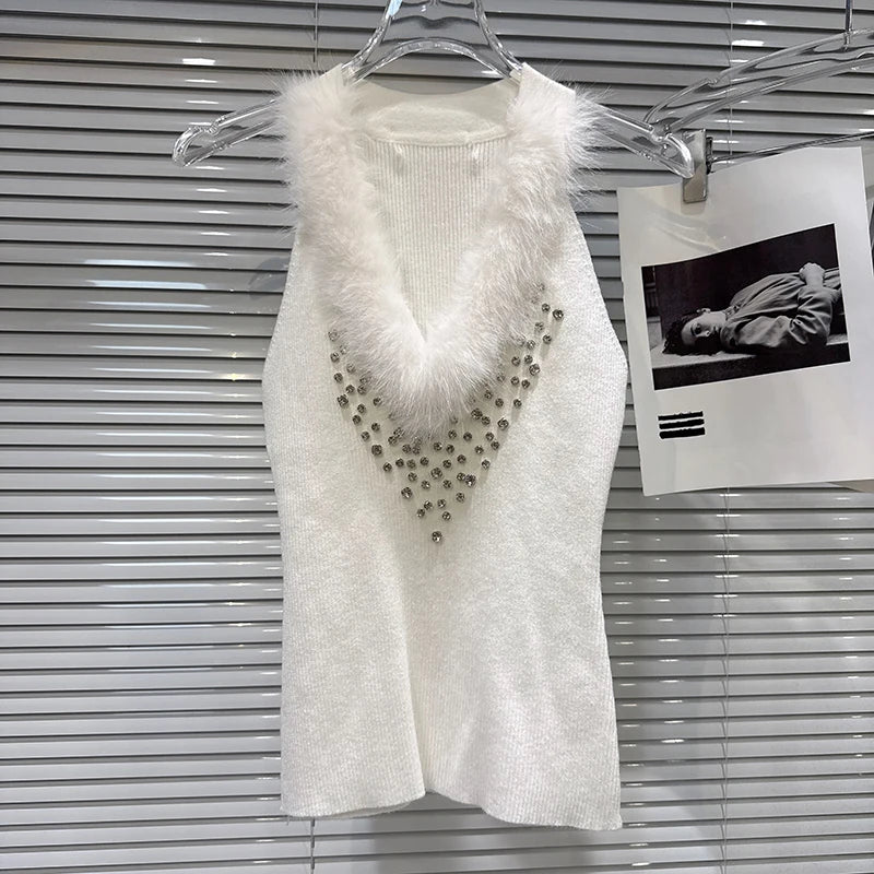 Winter New Fashion V-neck Furry Collar Rhinestone Design Knitted Vest Camisole For Women Slim Fit Tank Top 11A07754