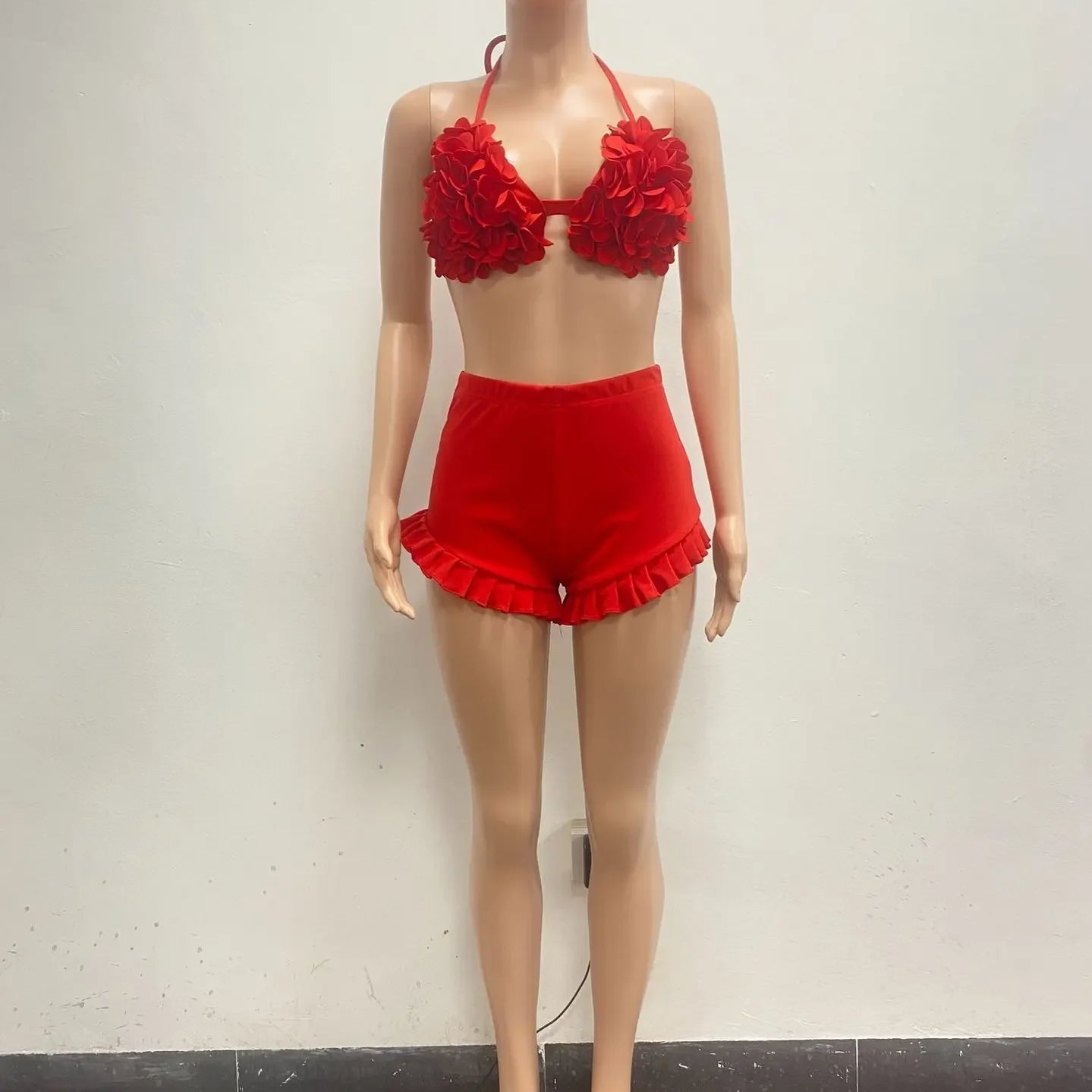 Women's Set Ruffles Crop Top Bra and Shorts Bikini Set Streetwear Casual Two 2 Piece Outfits Summer 2024 Beach Holiday