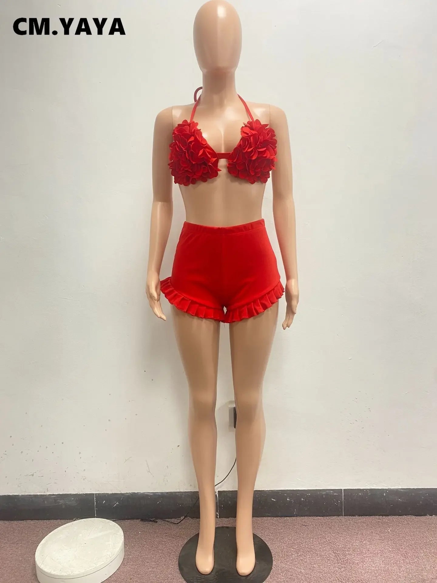 Women's Set Ruffles Crop Top Bra and Shorts Bikini Set Streetwear Casual Two 2 Piece Outfits Summer 2024 Beach Holiday