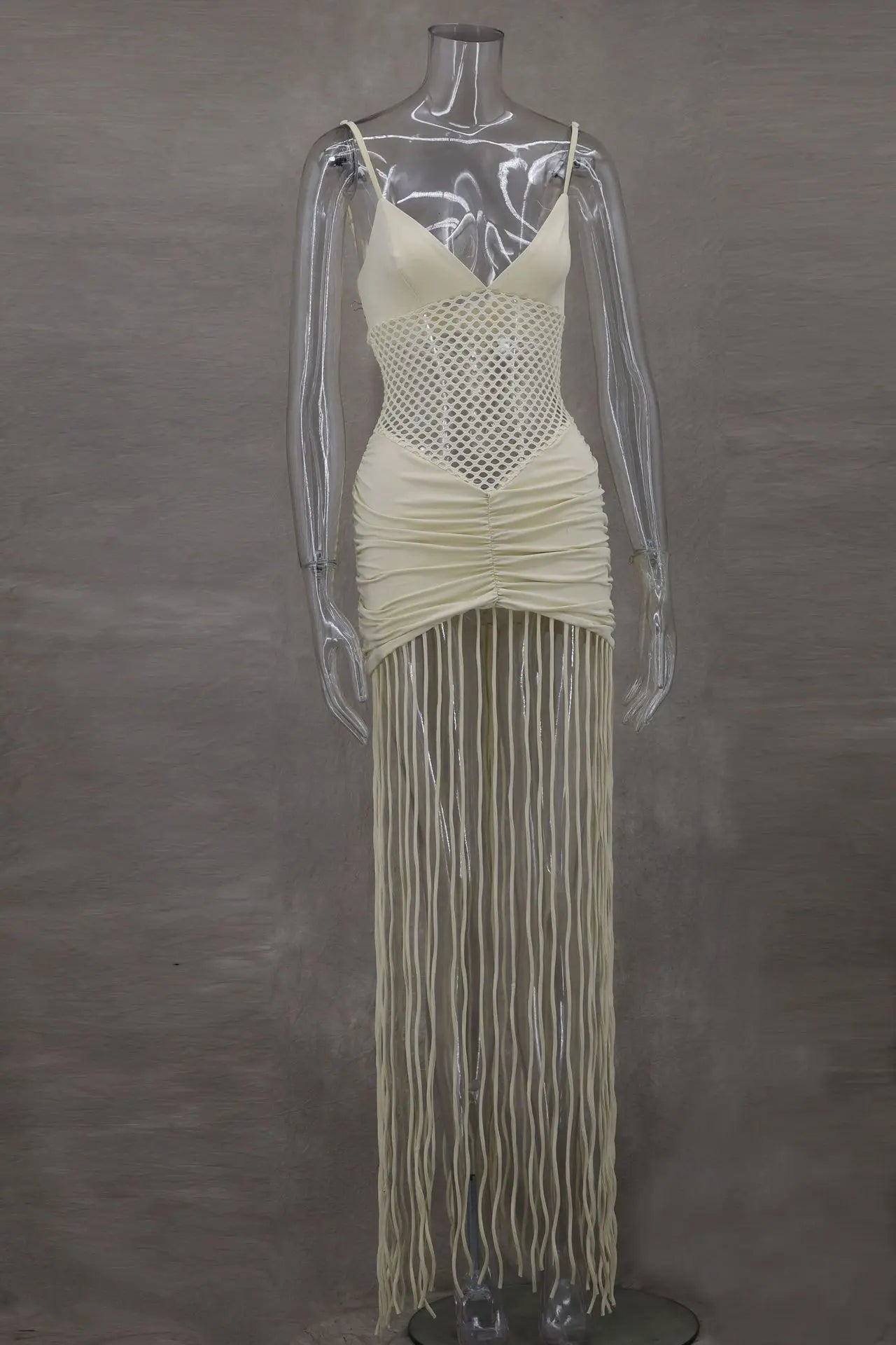 Women Spaghetti Strap V-neck Sleeveless Tassel Hollow Out Midi Maxi Dress Sexy Birthday Night Party Vestidos Dresses Champagne