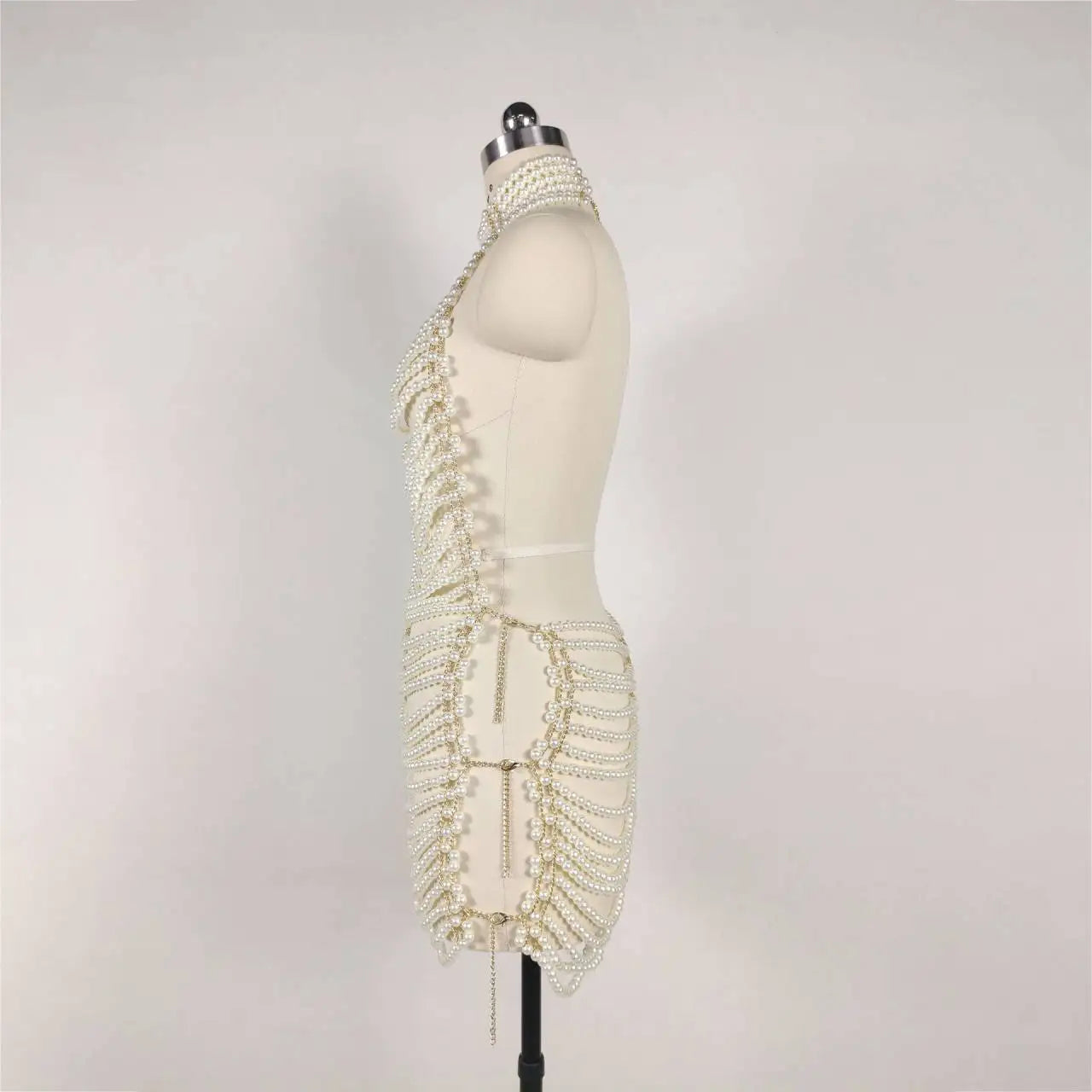 Sexy Backless Pearl Beading Hollow Out Halter Mini Evening Dress Trendiness Party Dress Stage Performance Costume