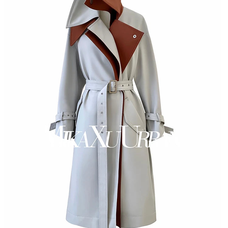 Lautaro Spring Autumn Long Cool Patchwork Trench Coat for Women Stylish Luxury Designer Emo Clothes European Style Overcoat 2025