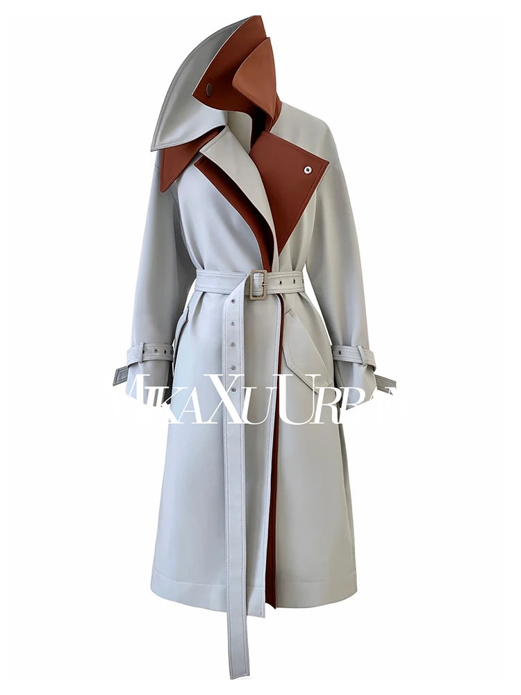 Lautaro Spring Autumn Long Cool Patchwork Trench Coat for Women Stylish Luxury Designer Emo Clothes European Style Overcoat 2025