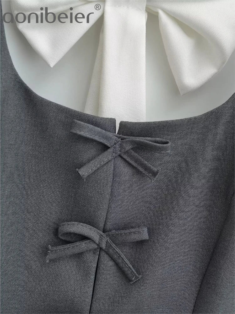 Aonibeier Bow Patchwork Women Halter Crop Top Suits Traf Summer Low Collar Slim Sleeveless Female Tanks Mini Skirt Sets Y2K