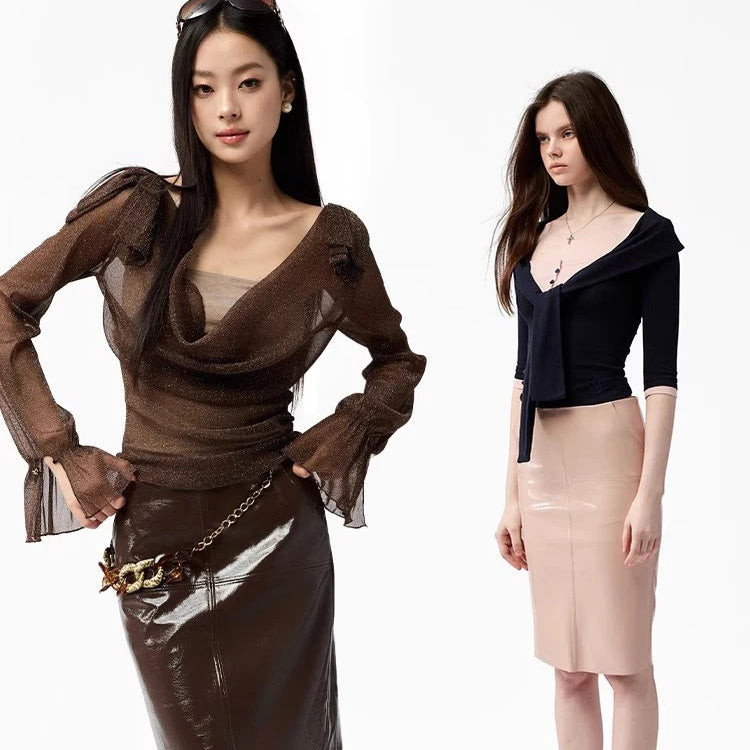 Lautaro Spring Autumn Shiny Reflective Brown Pu Leather Pencil Skirt Women with Back Slit High Waist Luxury Chic Clothes 2025