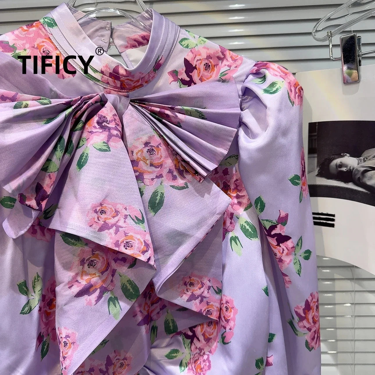 High Street Fashion Blouses Top Women's Autumn New French Socialite Bow Collar Flower Print Bubble Sleeve Shirt Tops Blusa