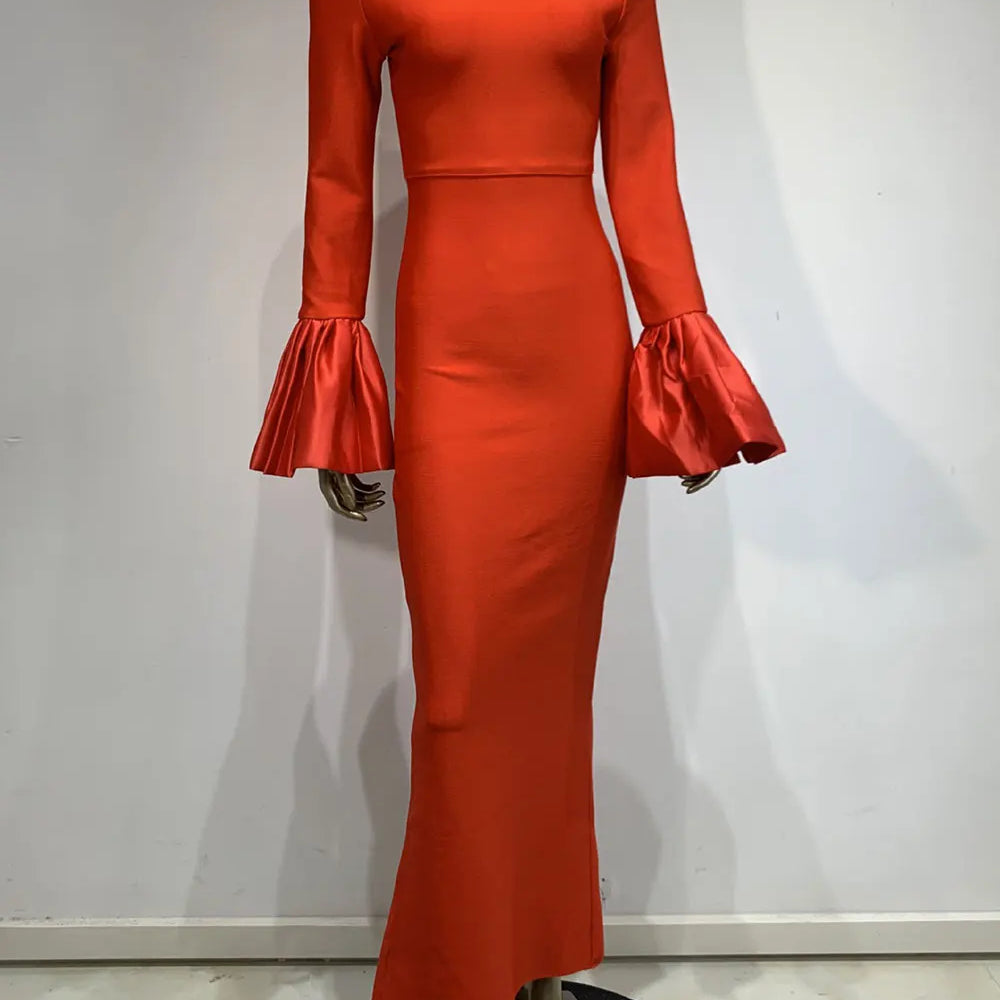 2024 Women's Light Luxury Beaded Elegant Bandage Dress Stand Collar Horn Sleeve Bodycon Long Dresses Evening Club Party Vestidos Red