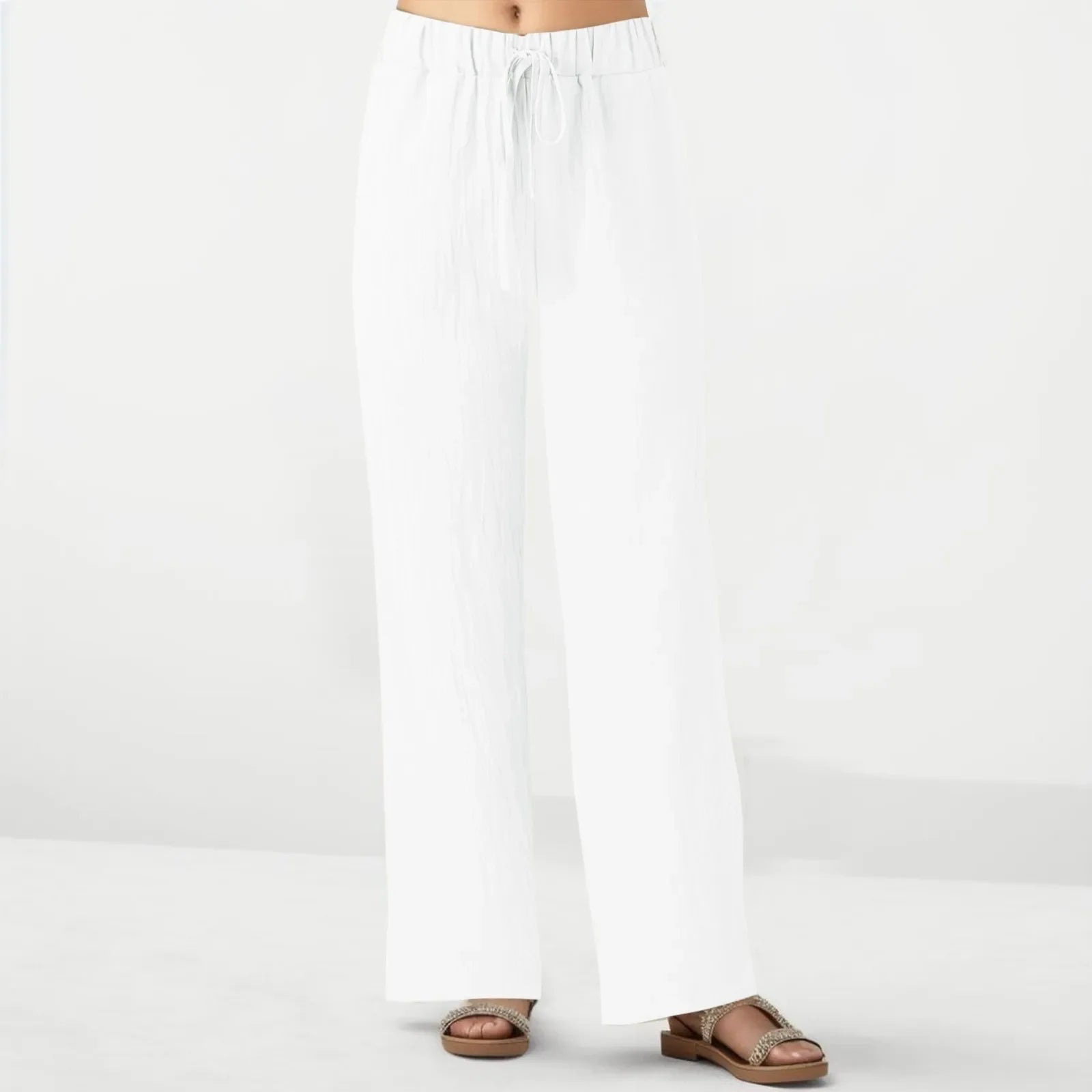Wide Leg Pants With Pocket Loose Casual Solid Color Bandage Drawstring Womens Trousers Casual Work Elastic Waist Straight Pants White