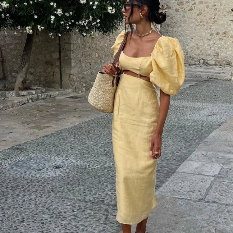 Hollow Square Neck Puff Sleeve Long Dresses Fashion Slim Fit Solid Color Women's Dress Lady Summer Casual Street Vestidos