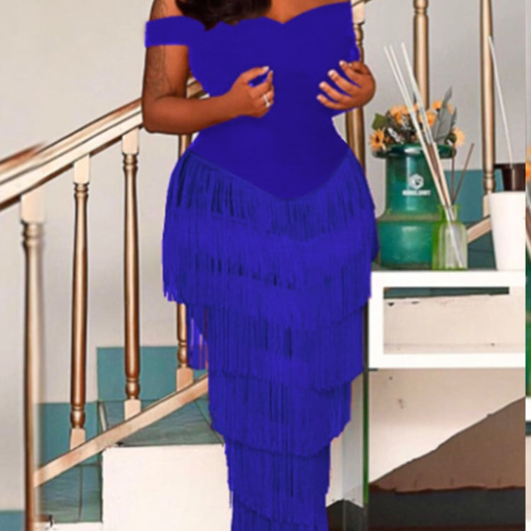 Women Dresses Blue Tassels Fringe Sexy Party Off Shoulder Sleevless Elegant Bodycon Long Cocktail Birthday Outfits Celebrate New Blue