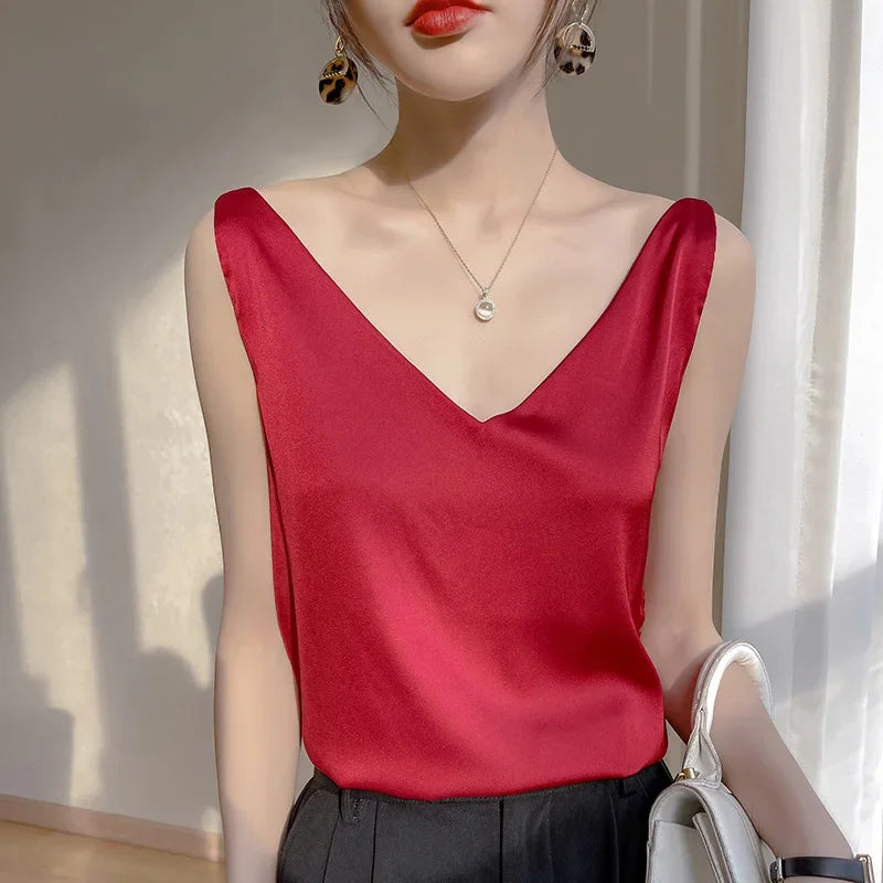 Ice Silk Camisole Women's V-neck Tops White Satin Camis Mulberry Summer Ladies' Crop Top Women Solid Blouse Vest Wine red