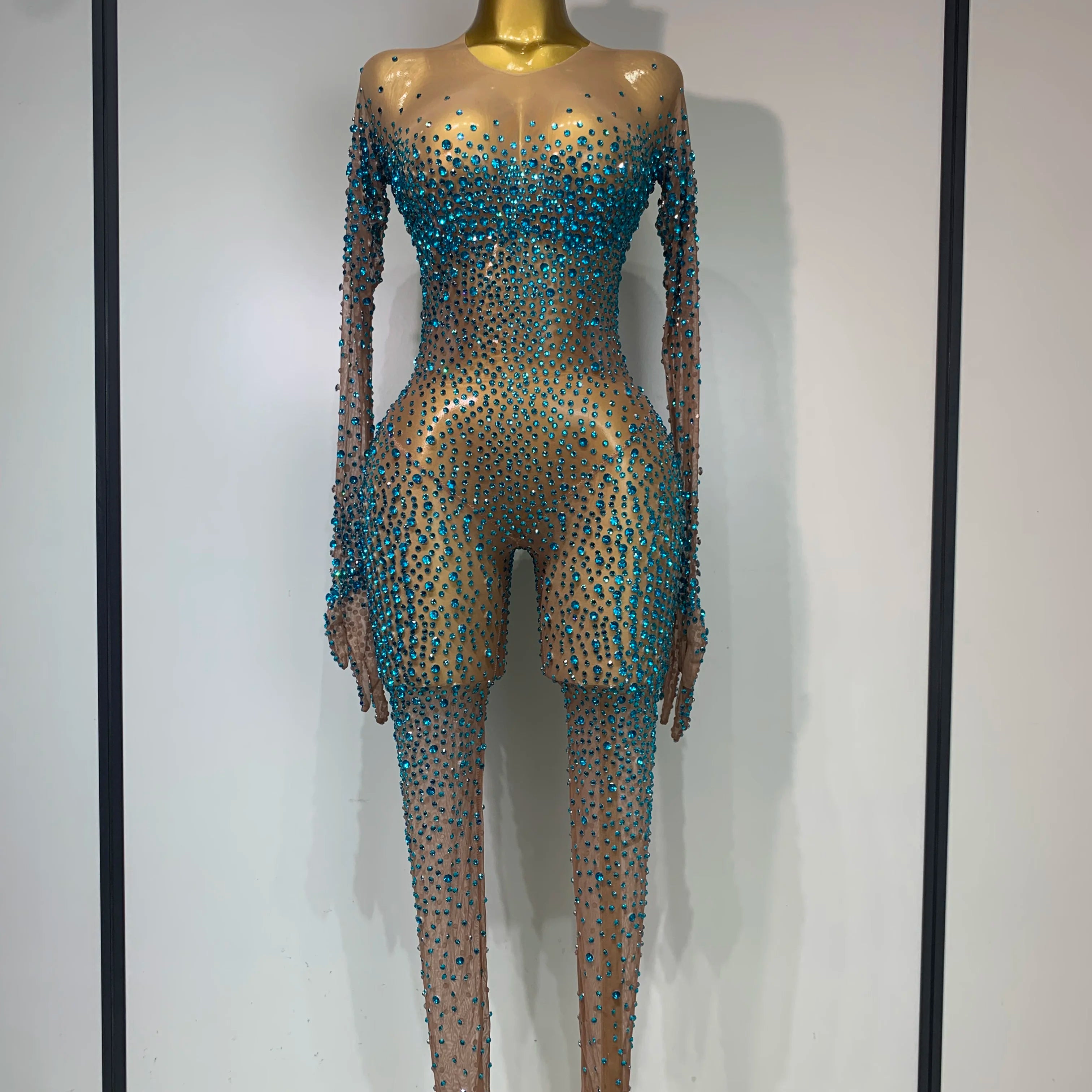 Luxury Rhinestones Bodycon Jumpsuit Sexy Women Mesh See Through Birthday Gown Women Bar Nightclub Dancer Stage Outfit blue diamond