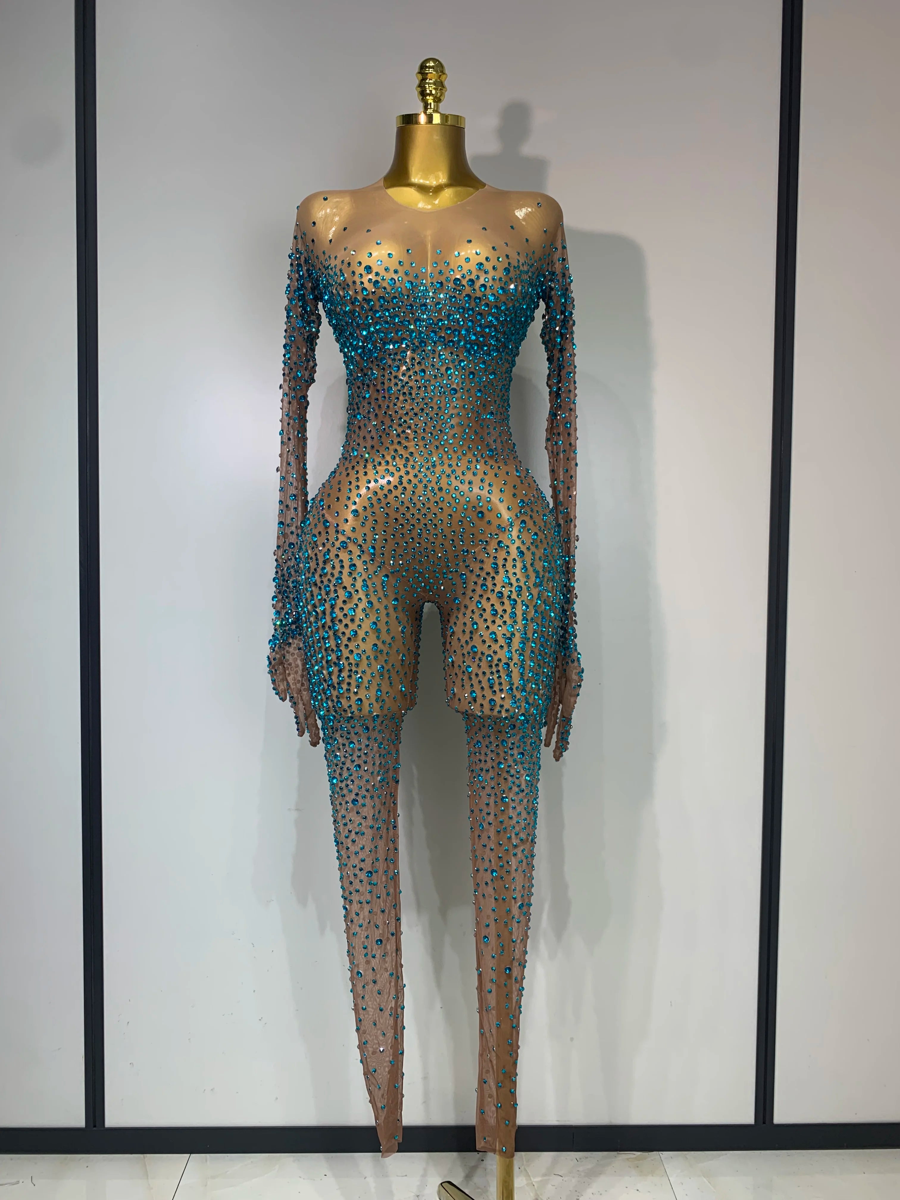 Luxury Rhinestones Bodycon Jumpsuit Sexy Women Mesh See Through Birthday Gown Women Bar Nightclub Dancer Stage Outfit blue diamond