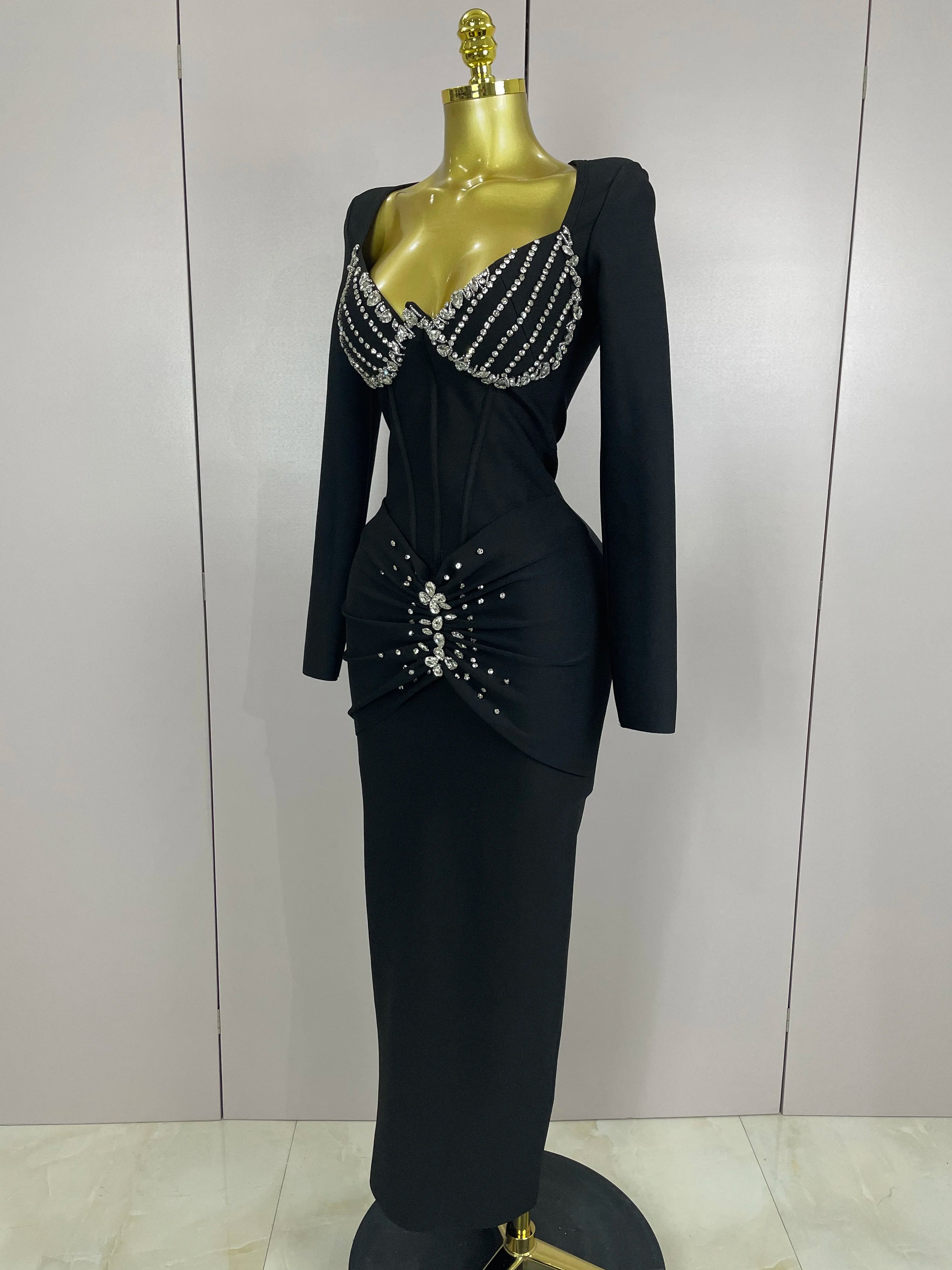 Sexy Luxury Sparkly Beading Bandage Long Sleeve Bodycon Dress 2025 New Women Celebrity Party Elegant Evening Club Pary Dresses